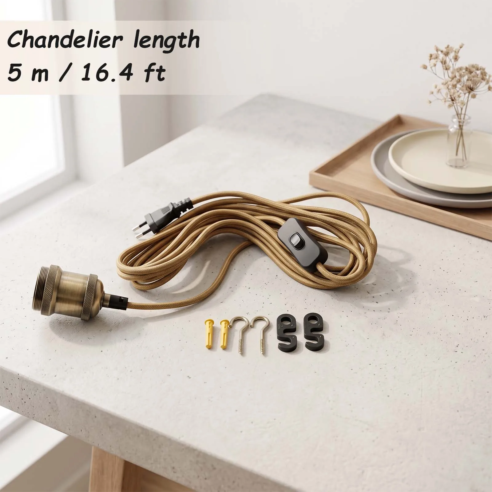 Vintage Mustard Braided Pendant Light Cord Set Antique Brass Socket 5m Inline Switch EU Plug