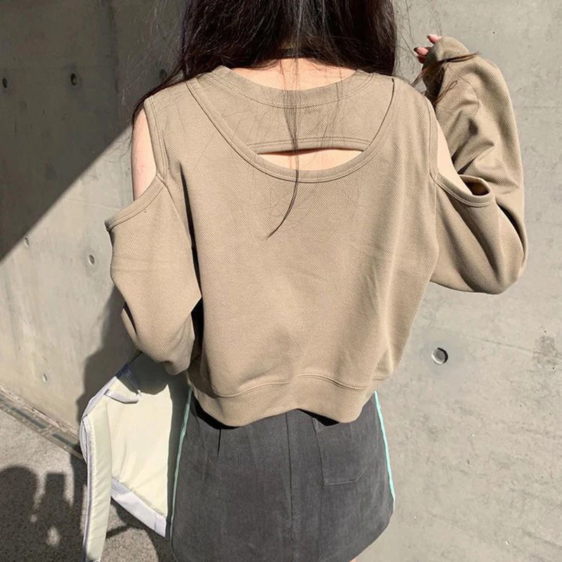 Women's Fall Winter Fake Two Piece Oversized Sweatshirt Cut Out Shoulder Short Length Casual Pullover Top New Korean Style Tee