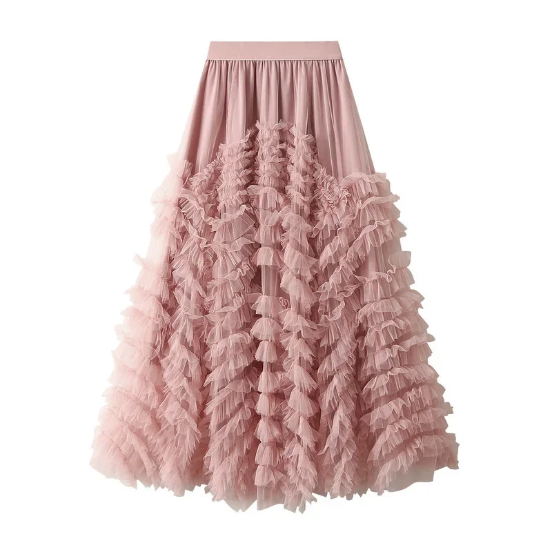 New In 2025 Women's Spring Autumn Trendy Design Solid Color A-line Loose Tutu Cake Skirt Female Elegant Casual Tulle Long Skirts