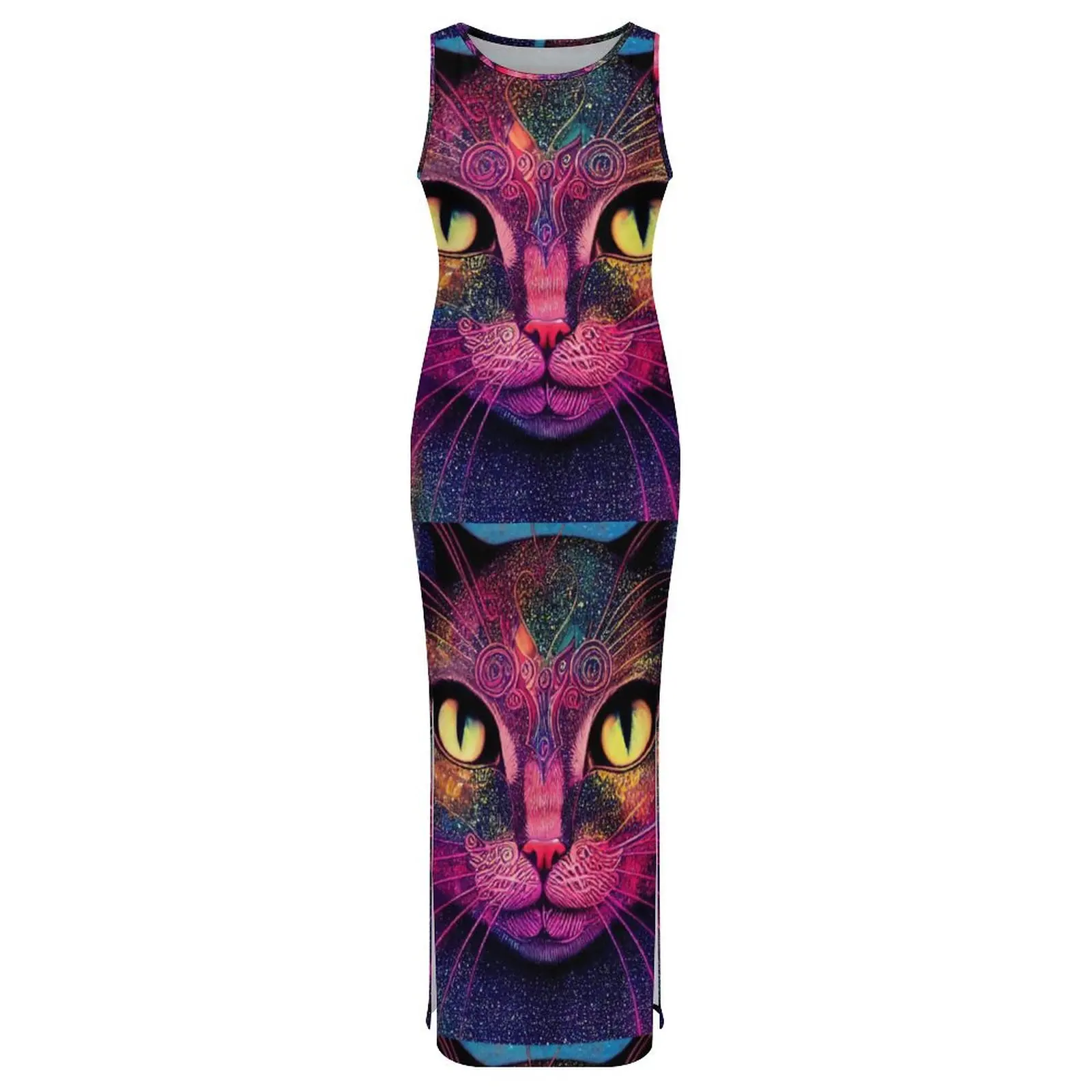 Women Bodycon Dress Slim Sexy Magic Cats Maxi Dresses Holiday Animal Print Sleeveless Aesthetic Custom Dress Large Size