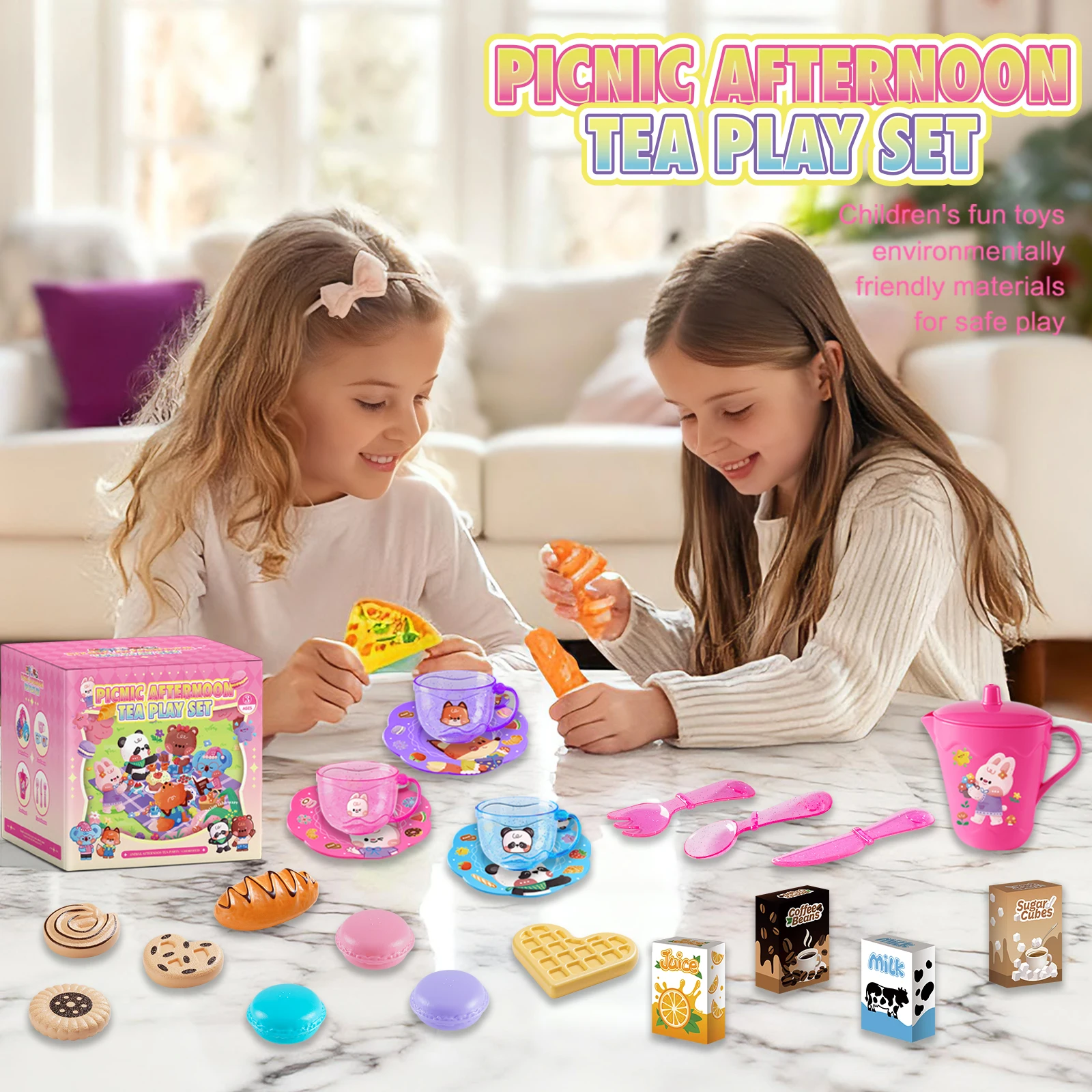 Ensemble de fête à thé pour petite fille, ensemble de jouets de princesse du thé de l'après-midi, avec ensemble de jouets alimentaires et desserts, jeu de cuisine pour enfants