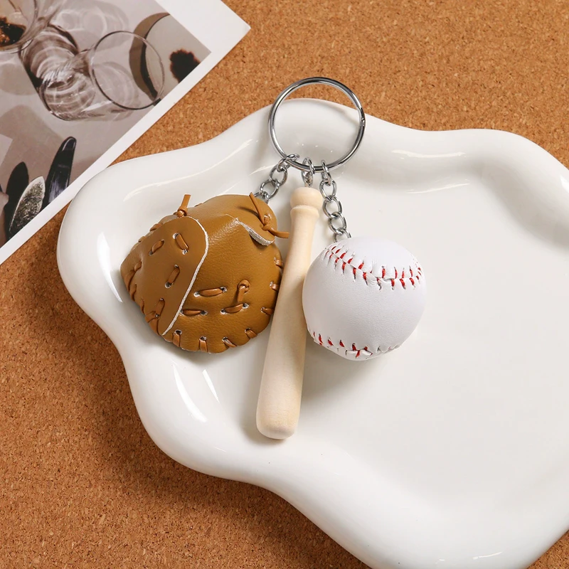 Mini Three-piece Baseball Glove Wooden Bat Keychain Sports Car Key Pendants Key Ring Charm Hanging Gift DIY Decor For Man Women