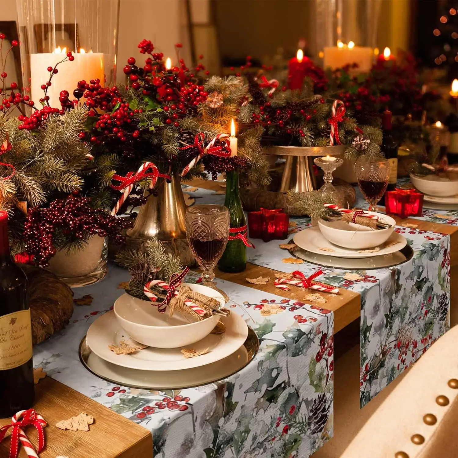 Christmas Red Berry Pinecone Linen Table Runner Table Decor Winter Xmas Tree Botanical Table Runners Holiday Kitchen Party Decor