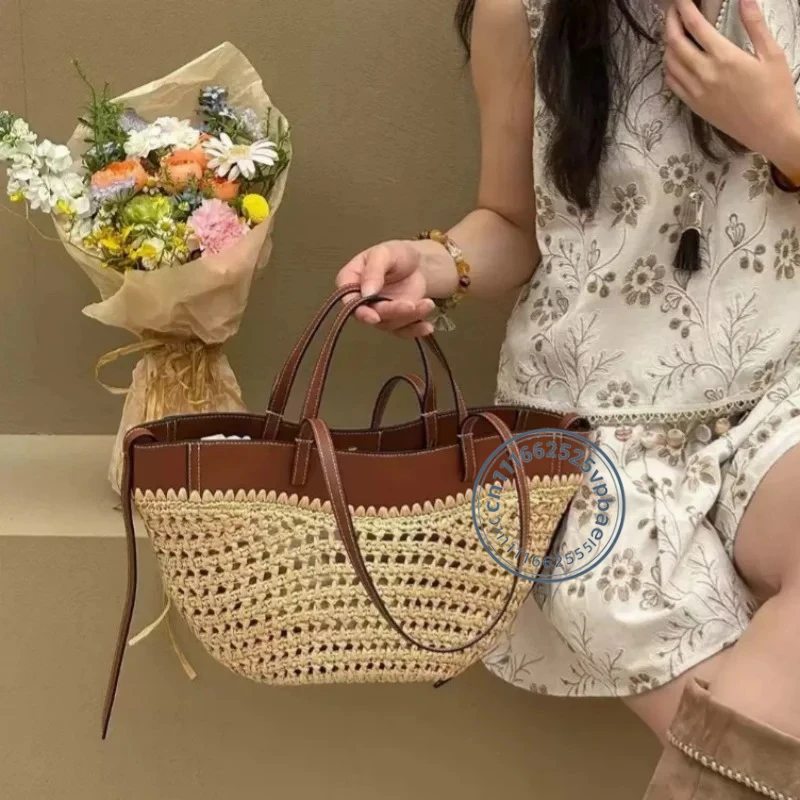 Hollow-out Raffia and Pu Leather Beach Bag Summer Casual Beach Bucket Bag Large Capacity Straw Beach Tote Handbags