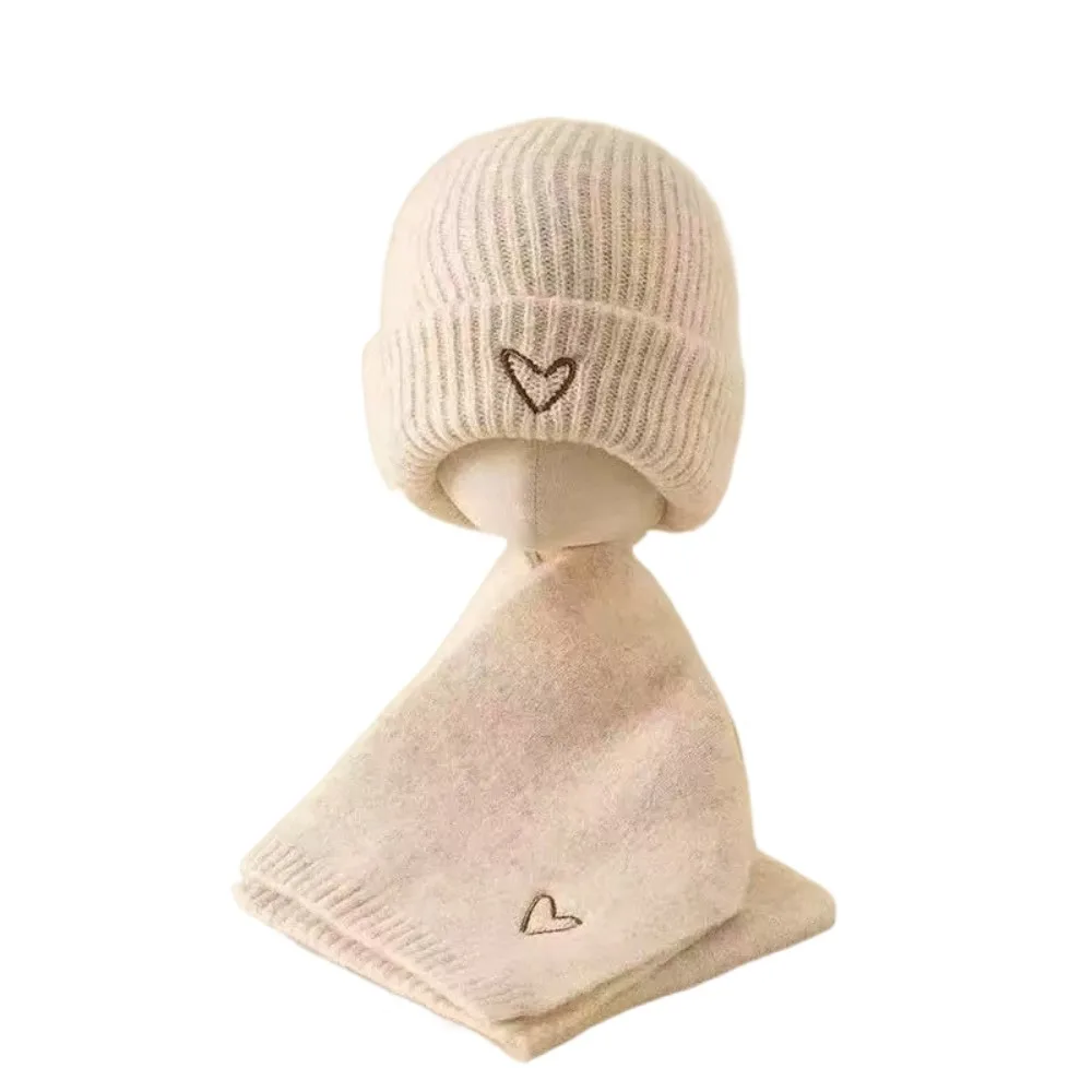 

Love Heart Embroidery Knitted Hat Scarf Set Solid Color Thickened Crochet Warm Beanie Cap Warm Windproof Neck Warmer Set