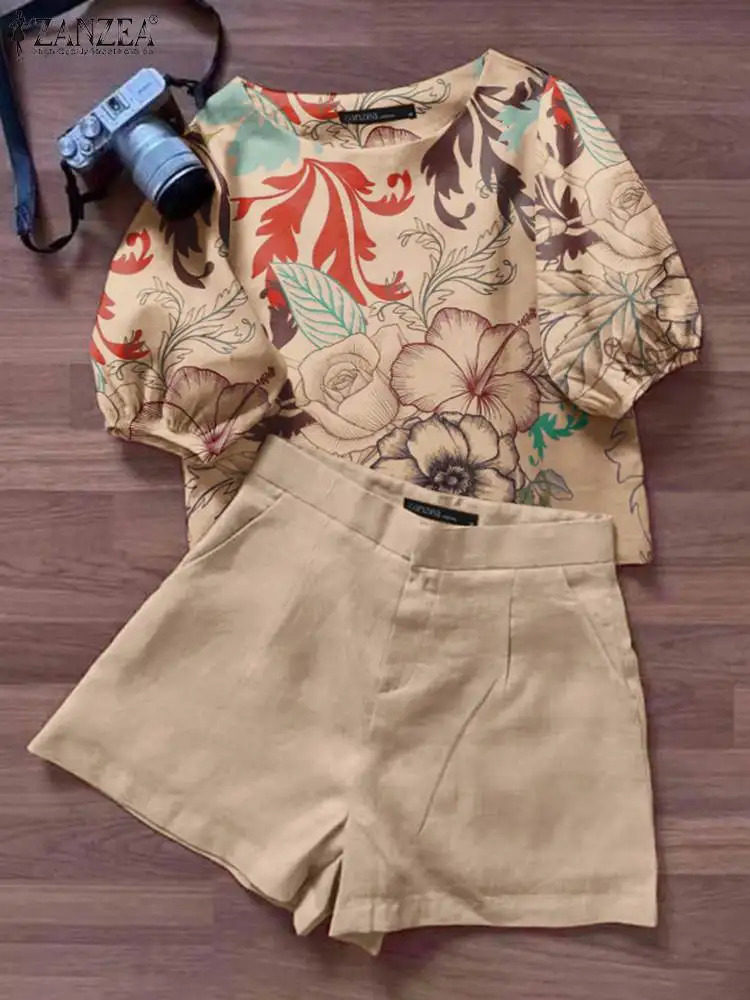 2024 ZANZEA Summer Short Sets Women Outfits 2PCS Elegant Short Sleeve Floral Blouse Pant Suit Fashion Tracksuit Matching Sets