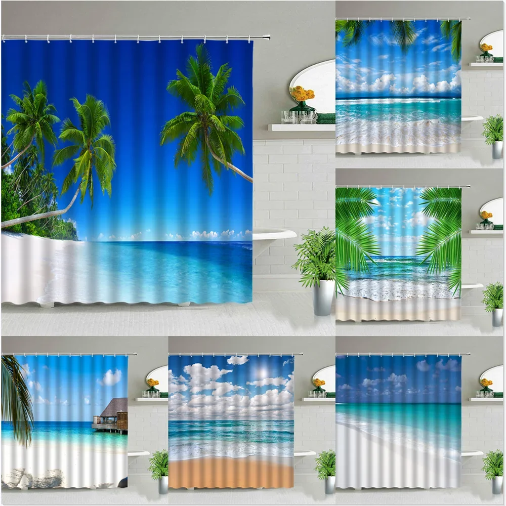 Natural Scenery Sunlight Beach Tropical Leaves Shower Curtains Ocean Landscape Waterproof Bath Curtain Set Home Bathroom Decor