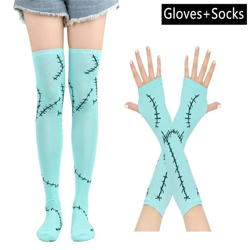 Movie Sally Cosplay Gloves Socks Zombie Suture Long Fingerless Gloves Elbow Mittens Stockings Set Halloween Costume Prop New