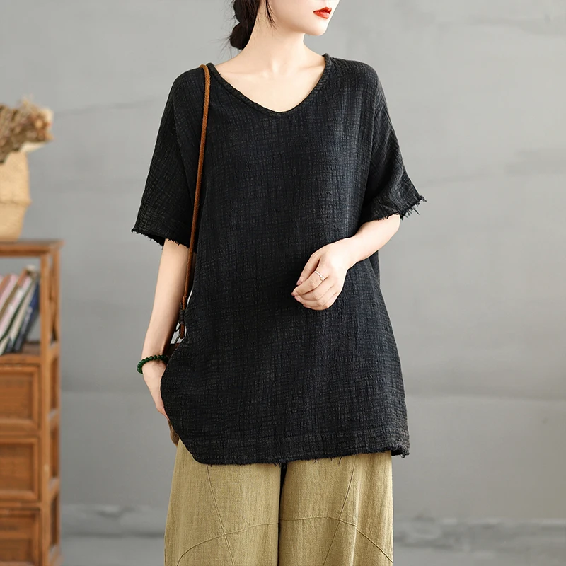 

Художественная хлопковая льняная женская футболка irt Bamboo Cotton V-Ne ort Sve для похудения, повседневная летняя модная футболка больших размеров