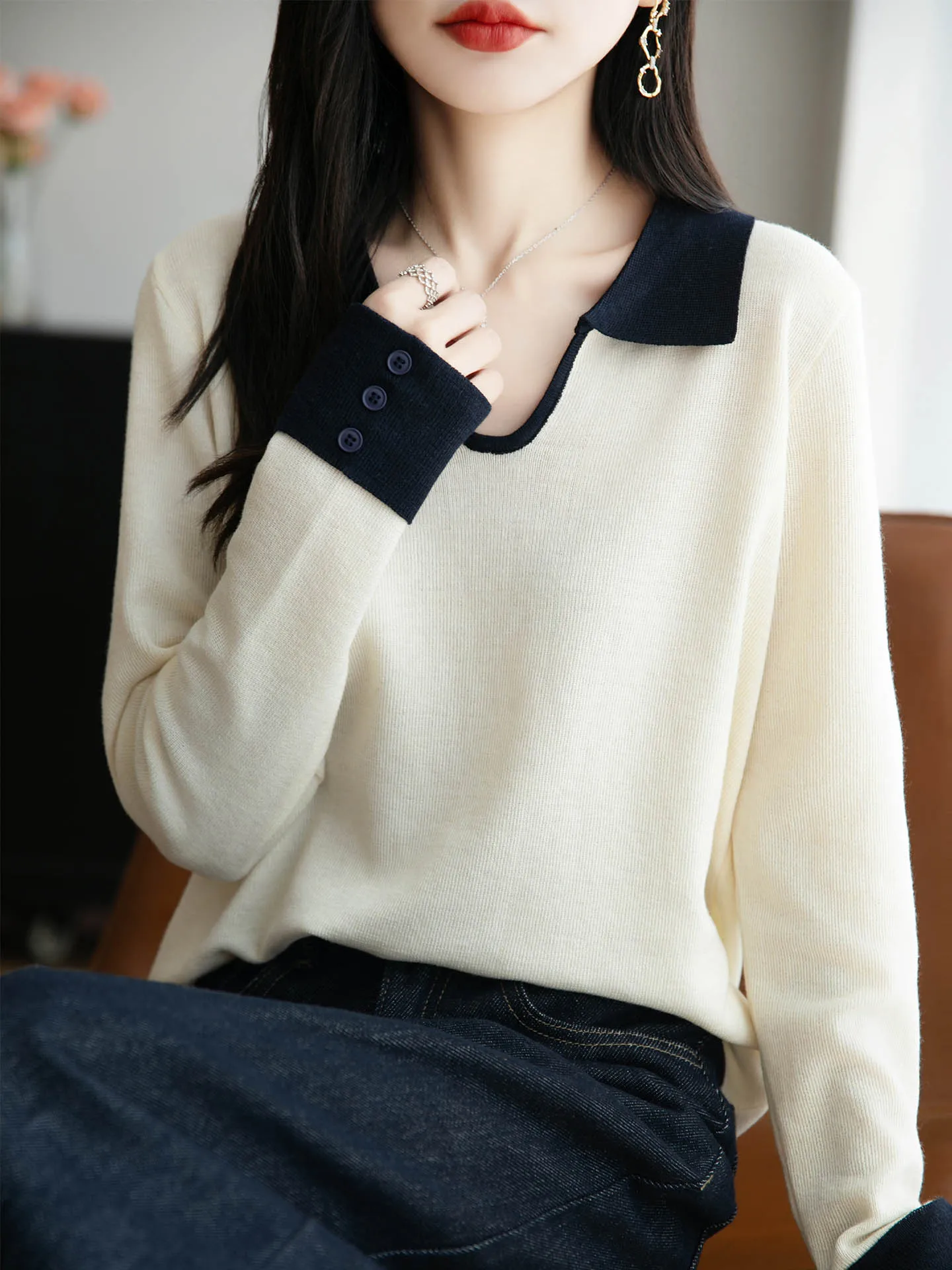 

Мягкий женский пуловер из 100% мериносовой шерсти с лацканами, трикотаж, кашемировый свитер, осень-зима, мягкий топ с длинными рукавами для отдыха