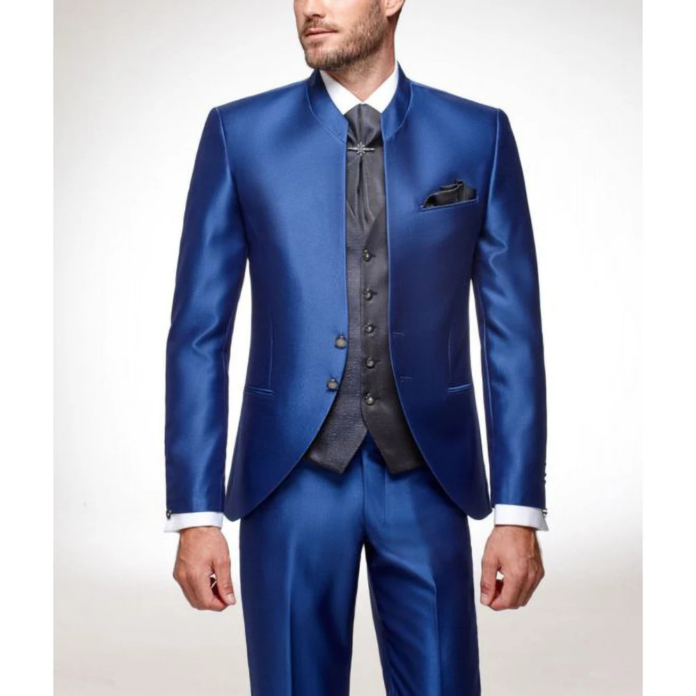 New Arrival Satin Men's Suits Royal Blue Stand Collar Single Breasted Blazer Vest Pants Wedding Groom Formal Slim Fit 3 Piece