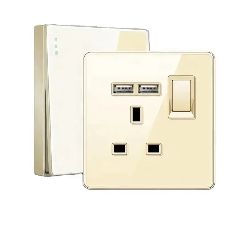 Gold Crystal Glass UK Malta Africa Hongkong Standard Wall Sockets Electric 2USB Type C Fast Charge USB Outlets