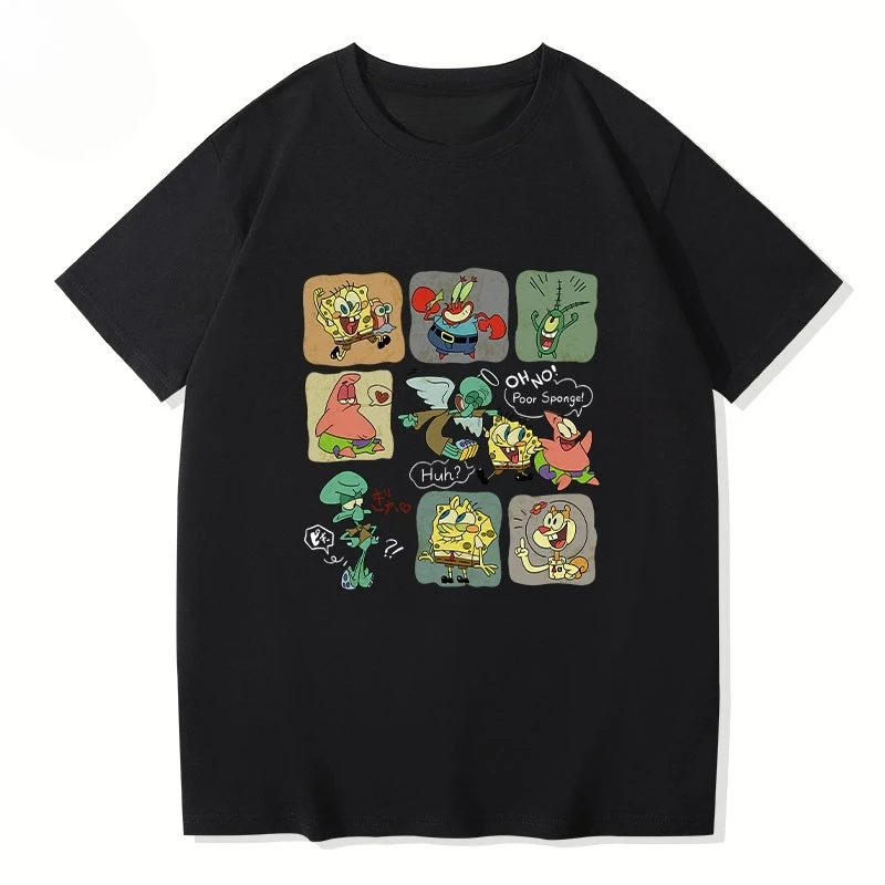 Nuevo lanzamiento de Bob Esponja, pantalones cuadrados con estampado de dibujos animados, Top Universal de manga corta holgado y a la moda para hombres, mujeres y niños