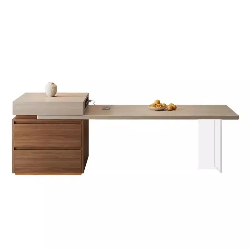 

Travertine rock slab island table integrated retractable mid-ancient style solid multi-functional small