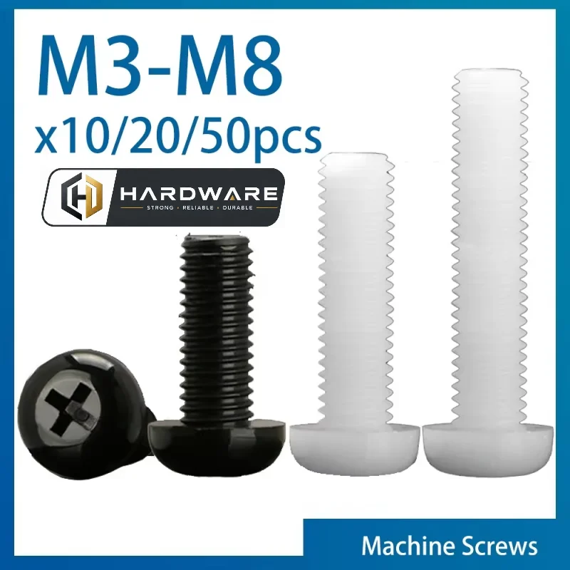 10/ 20/ 50pcs Black White Nylon Plastic Phillips Pan Head Cross Round Screw Bolt M2 M2.5 M3 M4 M5 M6 M8 length 4-50mm