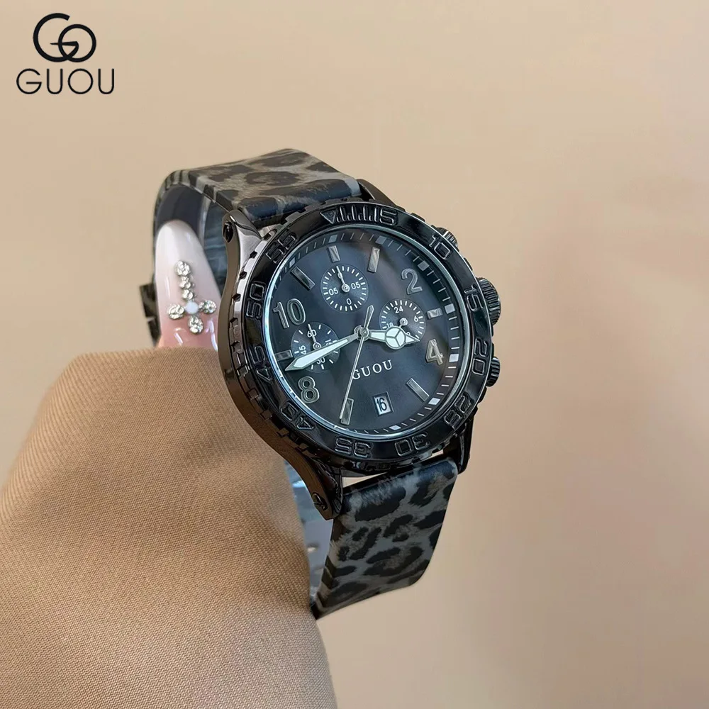 StylishLargeDial Black Watch With Leopard Print Silicone StrapCalendar FunctionSuitable ForBoth Men And Women A Unique Timepiece
