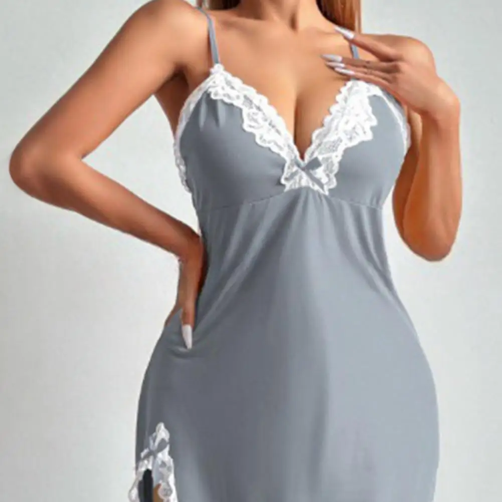 Nightdress Lace Split Hem Lace Bow Decor Spaghetti Strap Backless Sleeveless Deep V Neck Bow Decor Lady Sleepwear Night Clothes