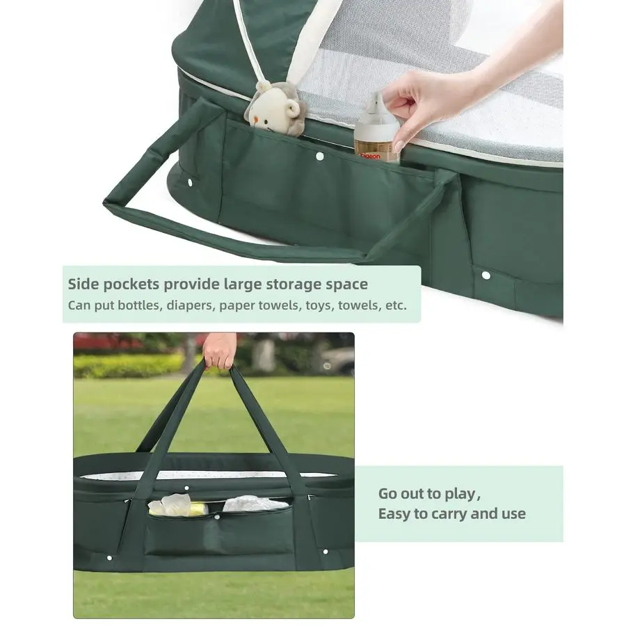 سرير سفر محمول مع مظلة 2 في 1 لحديثي الولادة باللون الأخضر