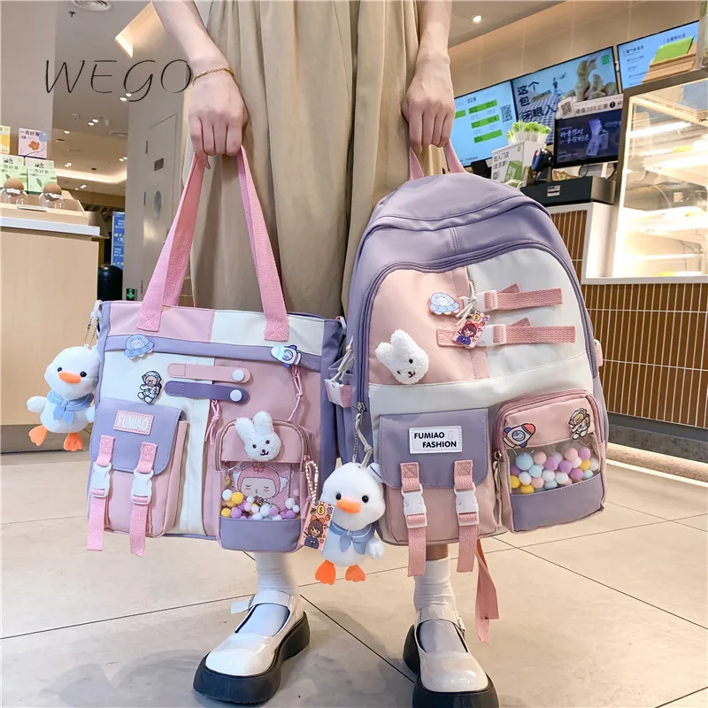 

New Campus Backpack Zipper Schoolbags Handbags Set Pink Girl Large-capacity Middle School Student School Bag