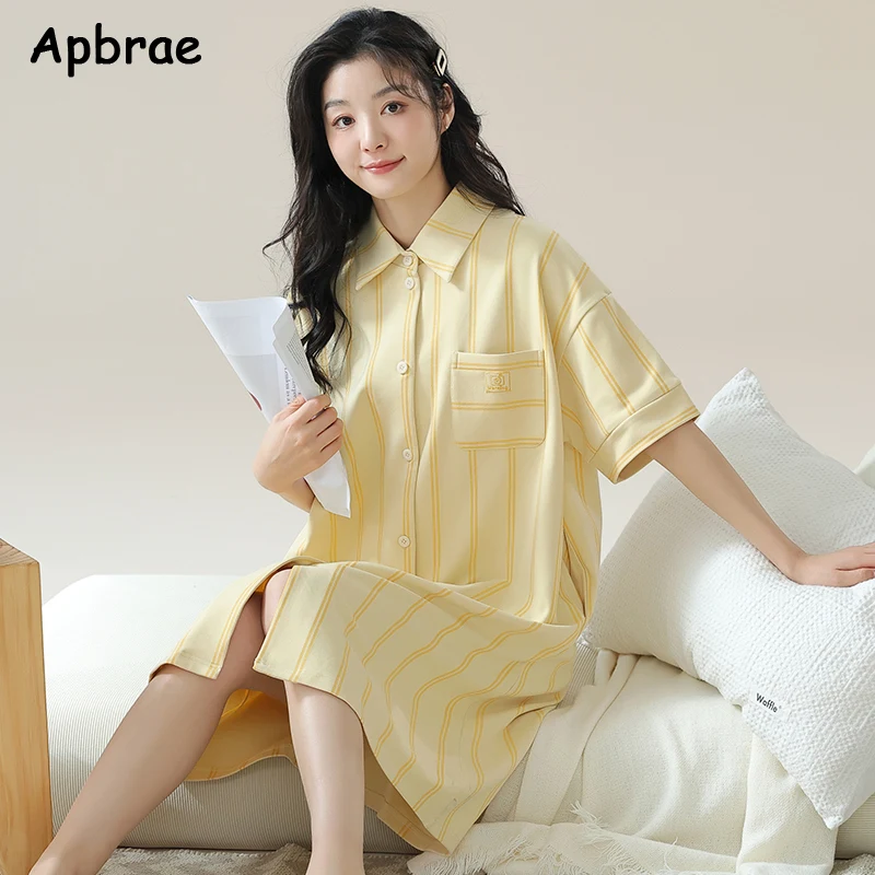 Women Cardigan Nightgowns Leisure Woman Sleepshirt Short Sleeves Lapel Pajama Dress Kawaii Girl Nightdress Female Homedress