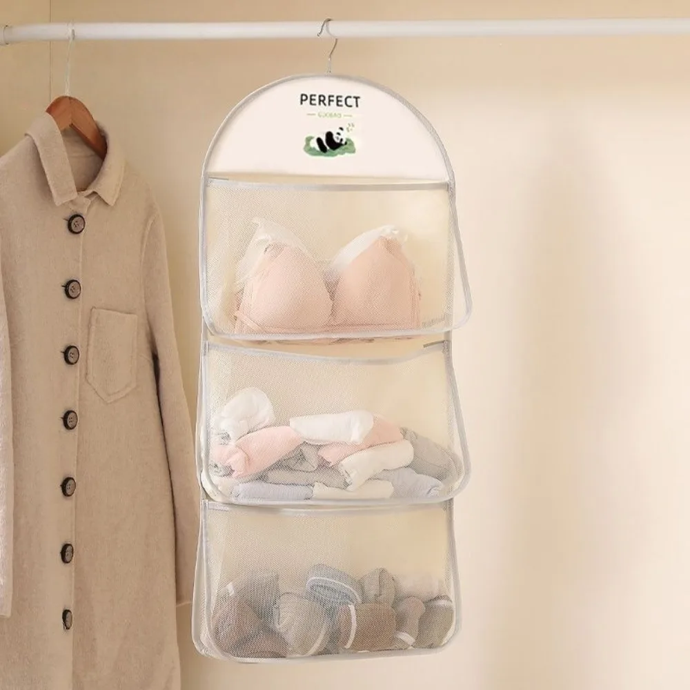 1 Piece Hanging Closet Storage Organizer with Panda Print Olyester Mesh Multi Pockets Underwear Socks Bra Storage Bag