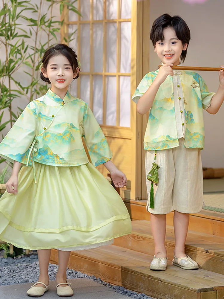 

Traditional Chinese Landscape Painting Hanfu Performance Costume for Kindergarten Choir Show Elementary School Students Back ...