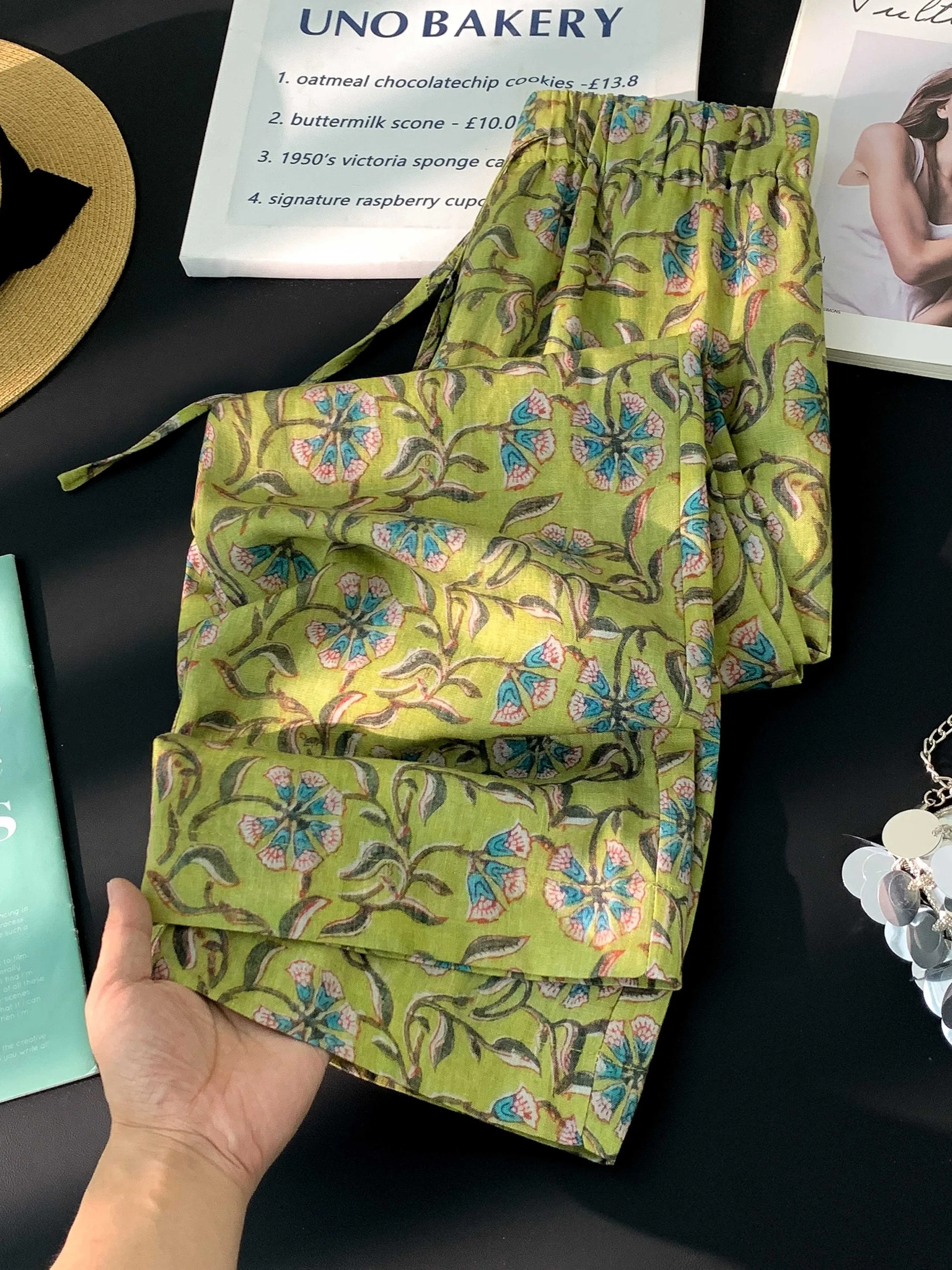 Retro Embroidered Wide Leg Pants Women's Summer Elastic Waist Linen Drape Casual Straight Long Trousers Fashionable Artistic ...