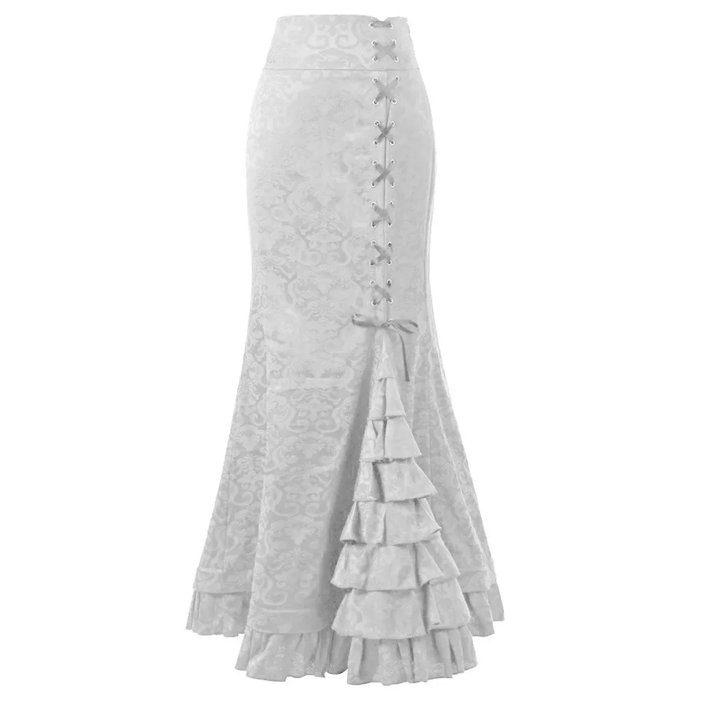 Gothic Women's Fishtail Long Skirt Vintage Victorian Steampunk Lace-Up Tiered Ruffled Skirts Medieval Costumes Faldas Mujer