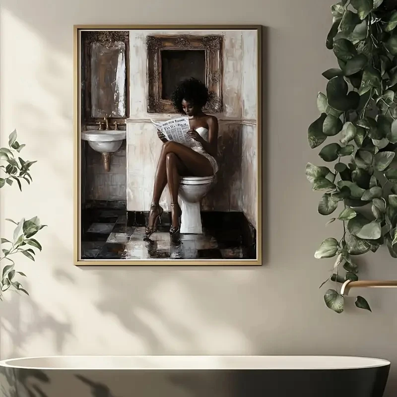 Retro Black African Women's Bathroom Wall Art Retro Simple Fashionable Poster Canvas Painting, Dormitory Modern Home Decoration