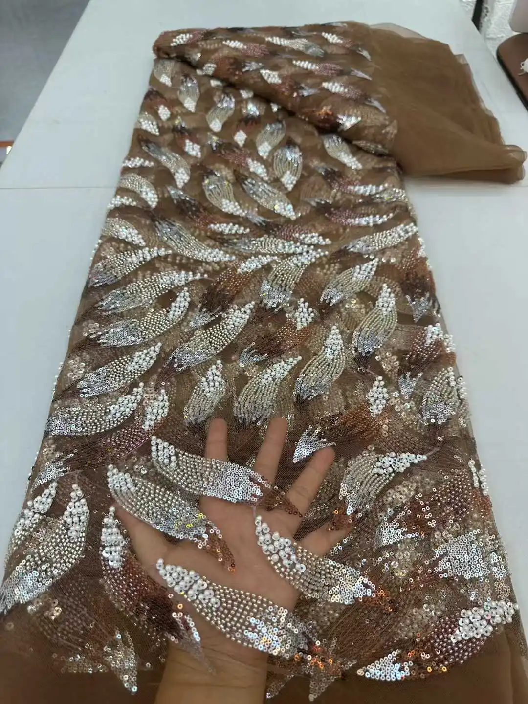 

African Lace Fabrics Nigerian French Mesh Beaded Sequins Fabrics Net Lace High Quality 2025 Sew Evening Dresses for Women 5 Yard