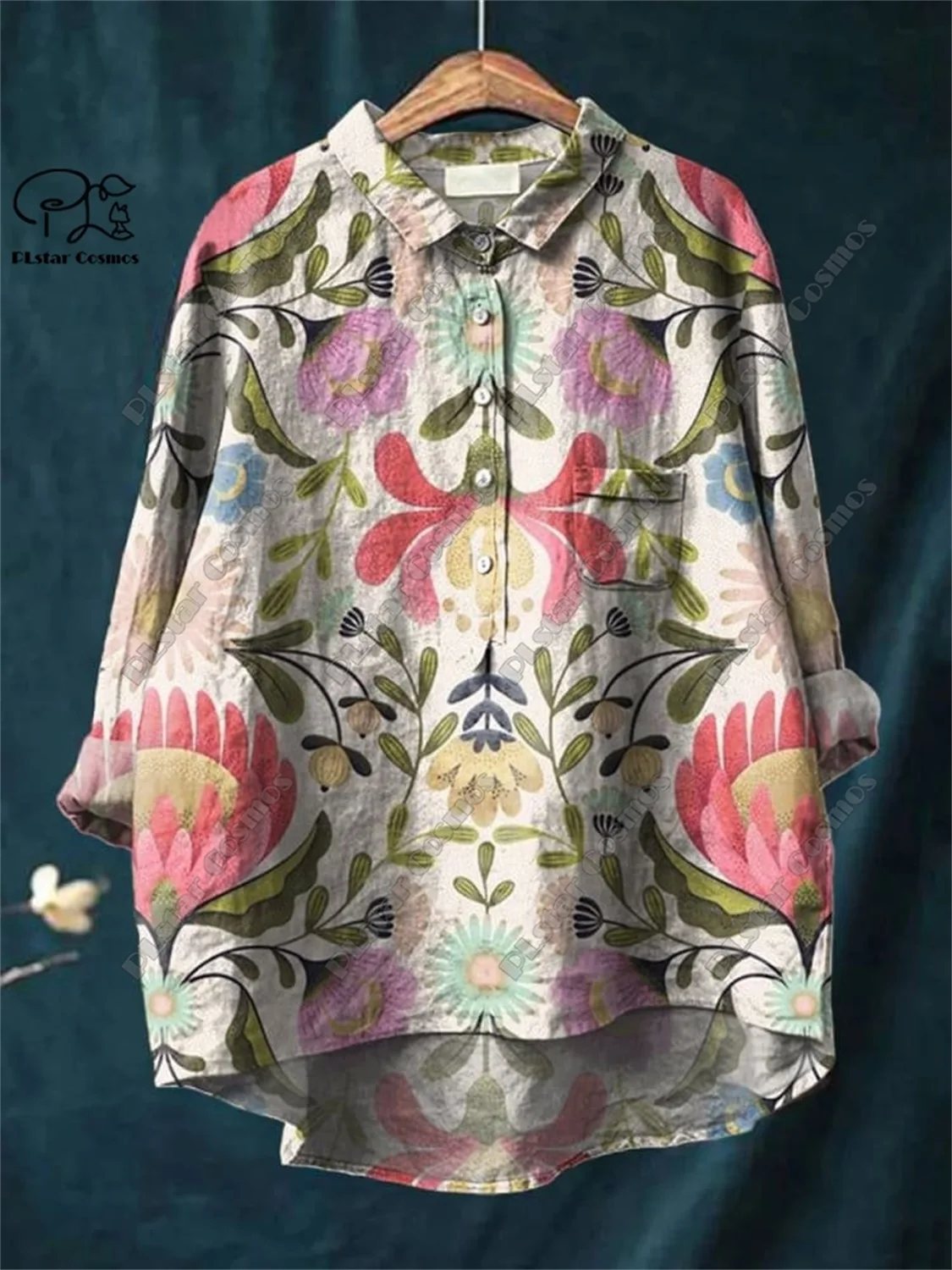 PLstar Cosmos new 3D printed women's loose retro floral fun casual printed open tube shirt  K-4