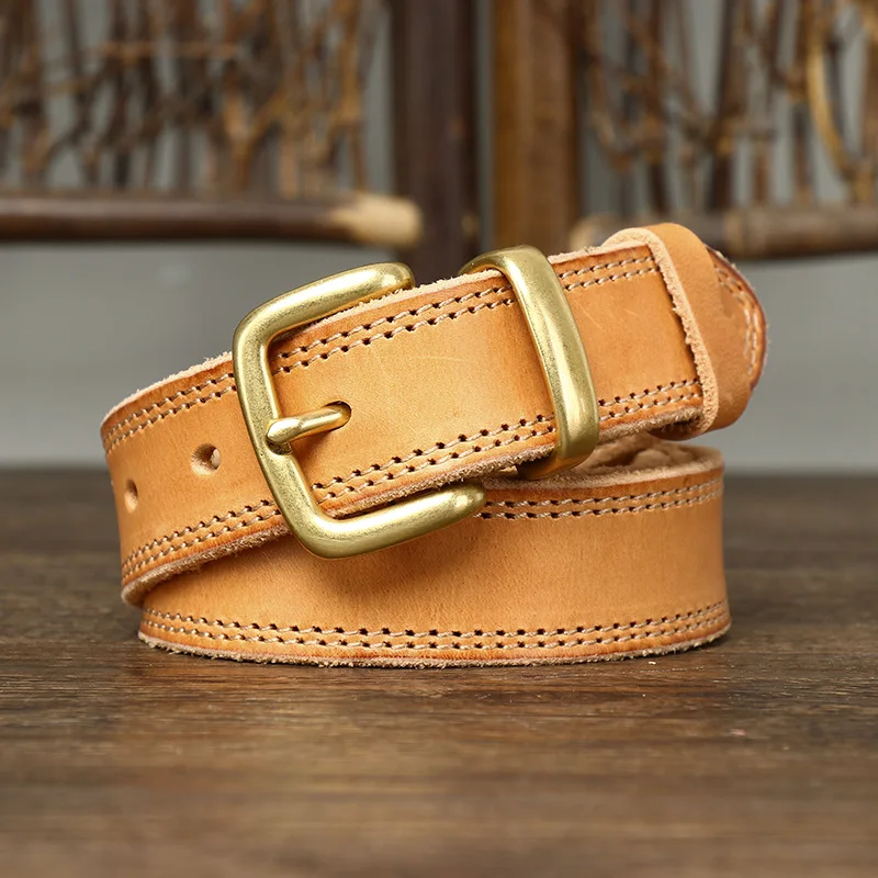 Korean Style Washed Vintage Leather Belt for Women Top Layer Cowhide Brass Buckle Denim Waist Belt Fashionable Simple Trendy