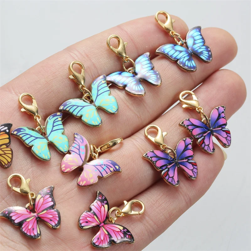 10PCS/PACK Fashion Enamel Butterfly Charms Pendant With Lobster Clasp Charm Jewelry Found DIY Manual Craft Accessories 27*23mm