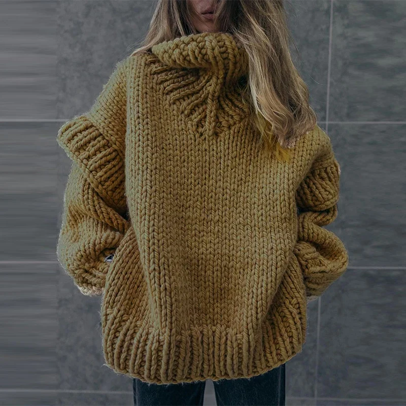 Suéter grueso informal cálido para mujer, Jersey de punto liso con cuello alto elegante para otoño, Jersey holgado de manga larga a la moda para