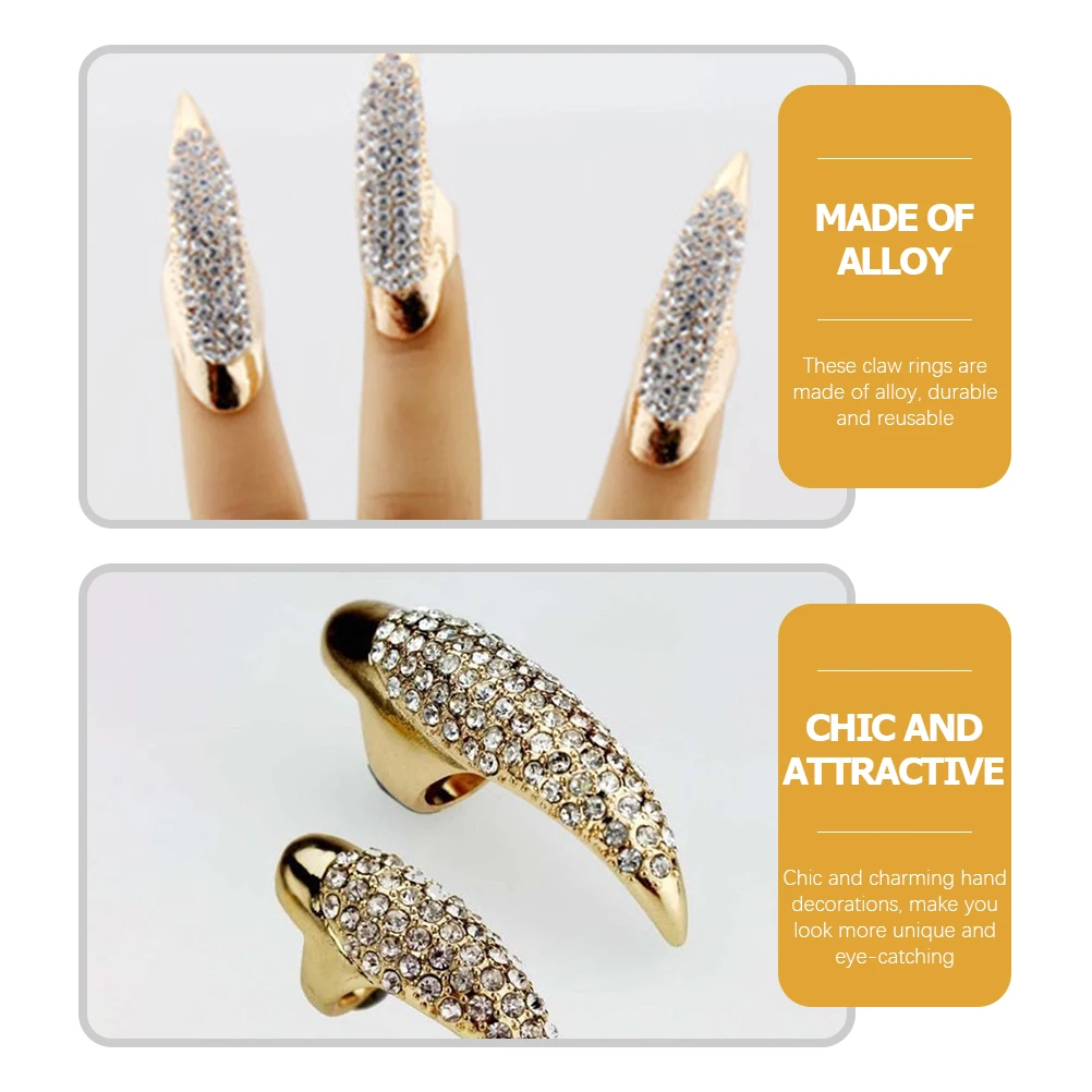 

10pcs Retro Rhinestone Finger Nail Claws Nail Rings Sturdy Fingernail Ring Alloy Gothic Punk Accessories Golden