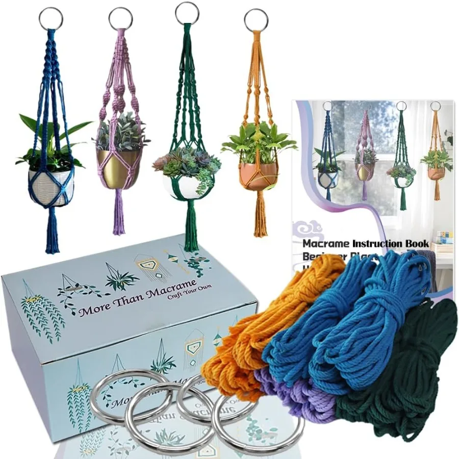

Macrame Plant Hanger Kit with Instruction Book Tutorials Metal Rings 4mm Macrame Cord Green Purple Orange Blue PreCutted for Ma