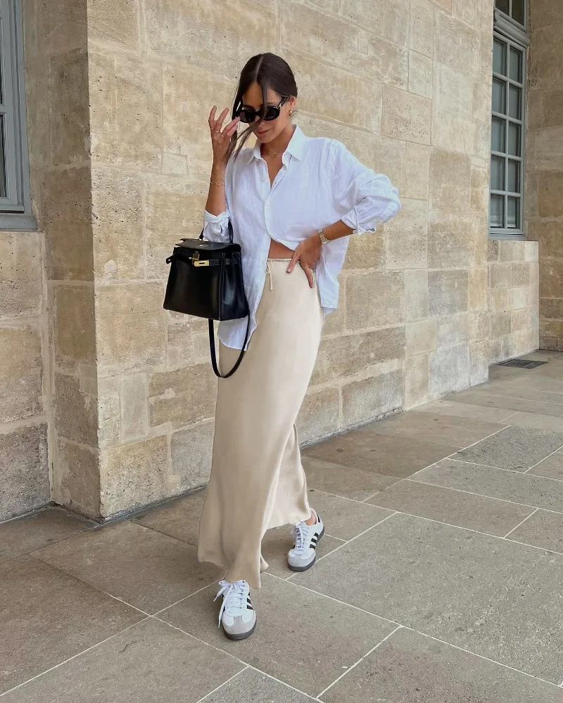 2026 Spring Summer Solid Color Satin Long Skirt For Women High Waist Lace-Up Fashion Elegant Faldas Light Luxury Women's Skirt