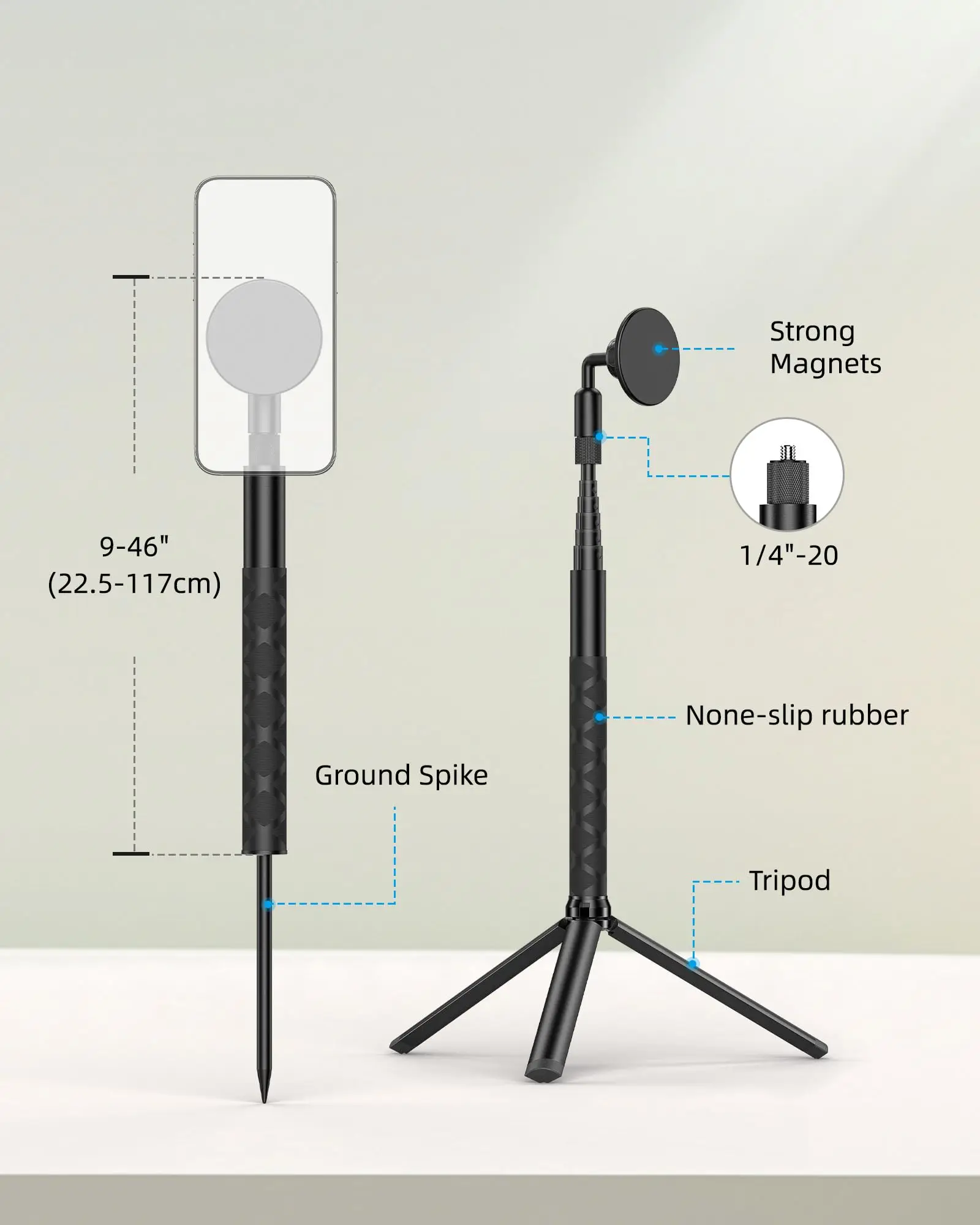 CAMOLO 4-in-1 Aluminum Magnetic Golf Monopod Selfie Stick w Ground Spike Stake +1/4