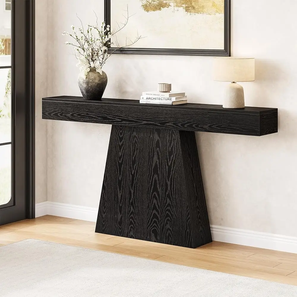 63 Hes Console Table For Entryway, Modern Bla Wooden Sofa Table With Trapezoidal Base For Living Room, Entrance, Hallway,