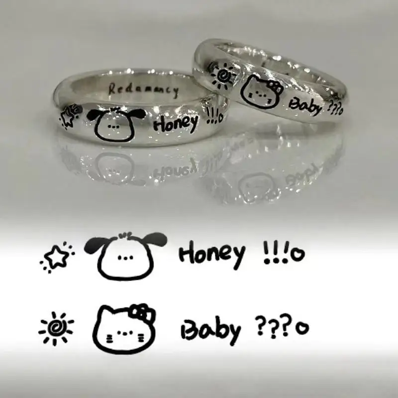 

2Pcs Sanrio Anime Kawaii Hello Kitty Pochacco Pair Rings Originality Doodle Cute Cartoon Couples Friends Ring Gifts for Girls