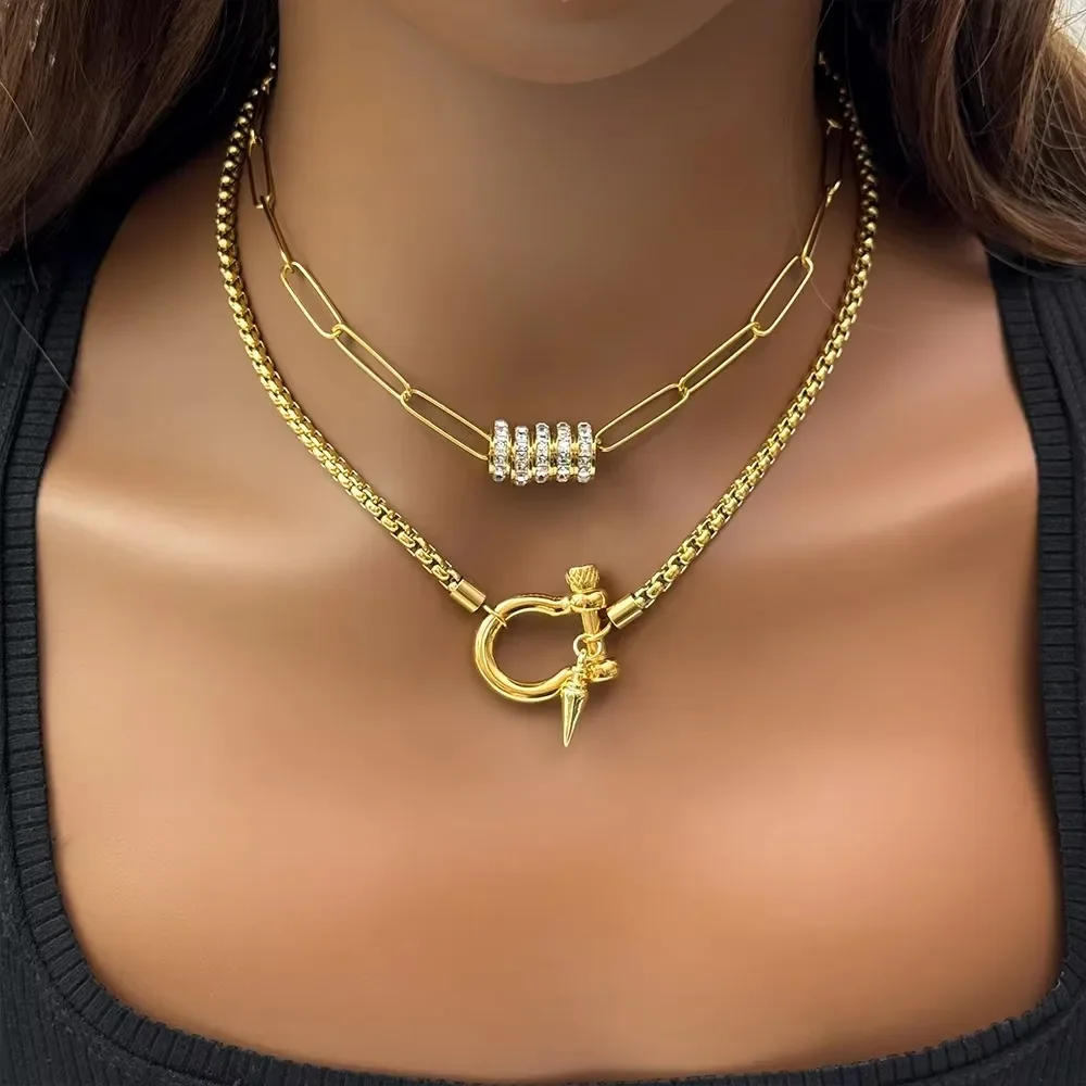 Tarnish Free Waterproof Stainless Steel Paper Clip Chain Choker Jewelry 18k Gold Plated Zircon Circle Pendant Necklace for Women