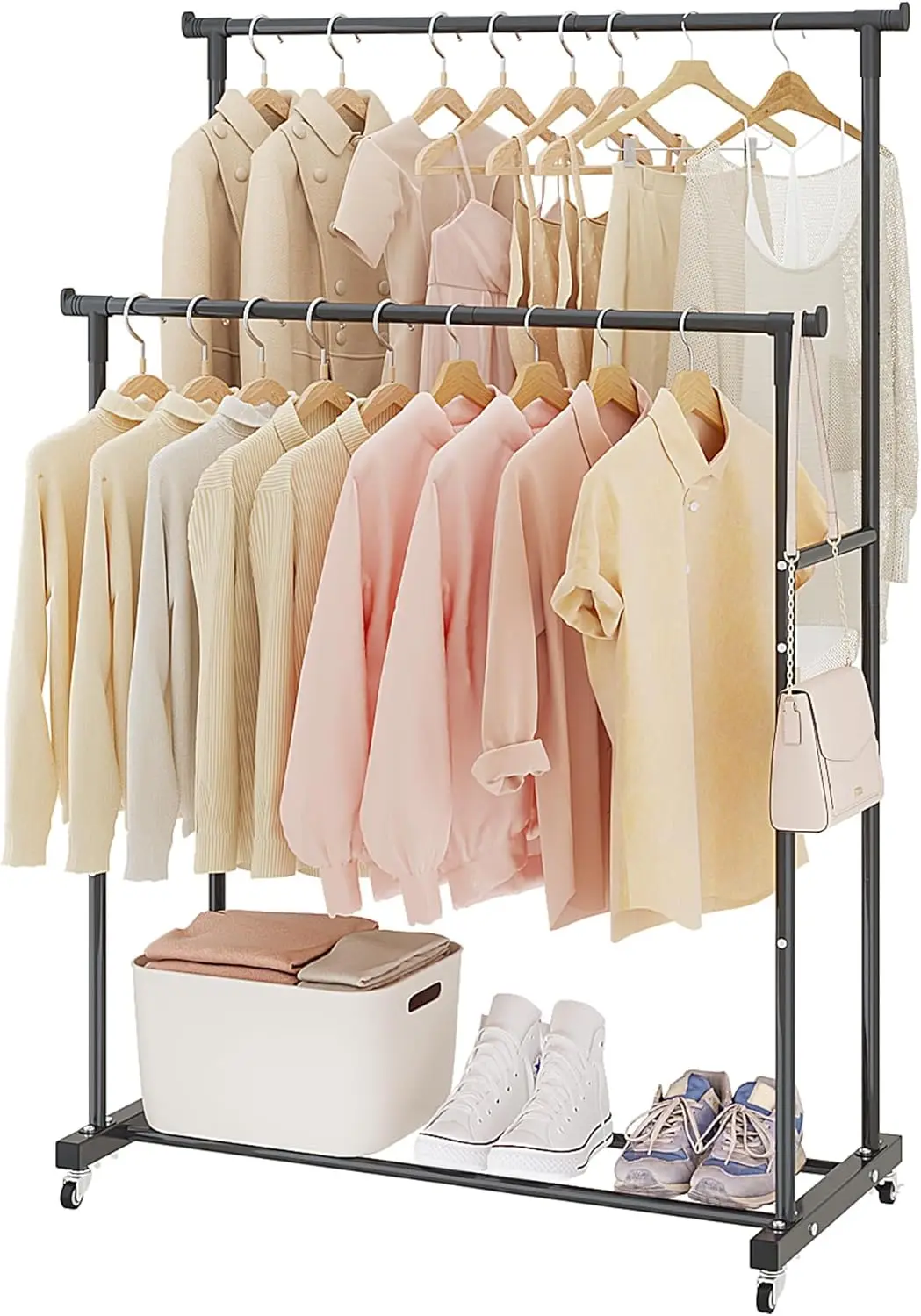 

Двойная вешалка для одежды на колесиках, черный органайзер для одежды для спальни, гостиной, квартиры