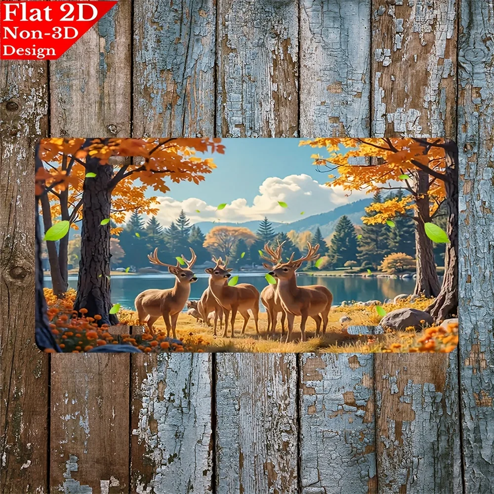 2D flat, 1pc Deer in autumn forest Aluminum License Plate, 6x12in Scratch-resistant UV Printing, Decorative Car Front License Pl