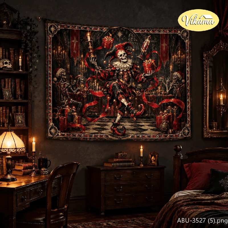 VIKAMA Gothic Skeleton Clown Tapestry, Vintage Medieval Dark Clown Candle Castle Scene Wall Hanging, Home Decor