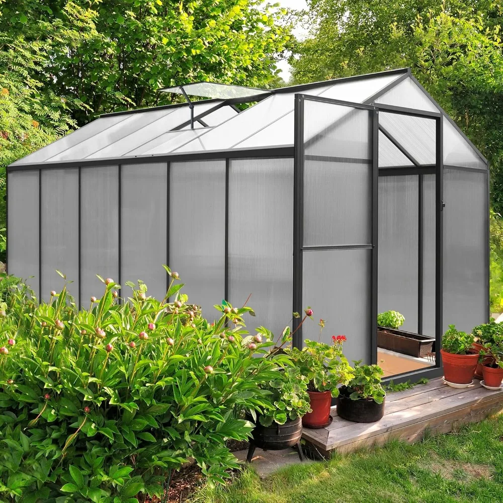 

6' X 12' Greenhouse for Outdoor, Heavy Duty Polycarbonate with Aluminum Frame, Lockable Door and Roof Vent, Conservatory