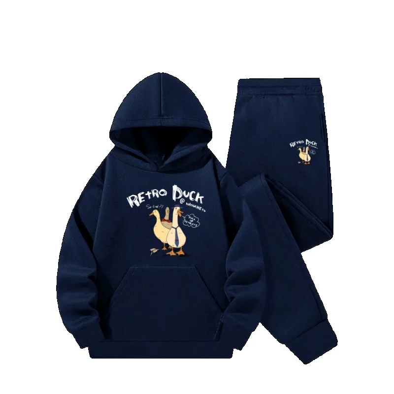 Black Kids Retro Duck Print Hoodie Tracksuit Boys Girls 2Pcs Long Sleeve Sweatshirt Jogger Pants Casual Outfit