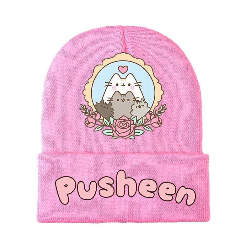 Pusheen Cat Knitted Hat Girls Autumn Winter Windproof Beanie Soft Keep Warm Anime Printed Cap Children Women Casual Accessories