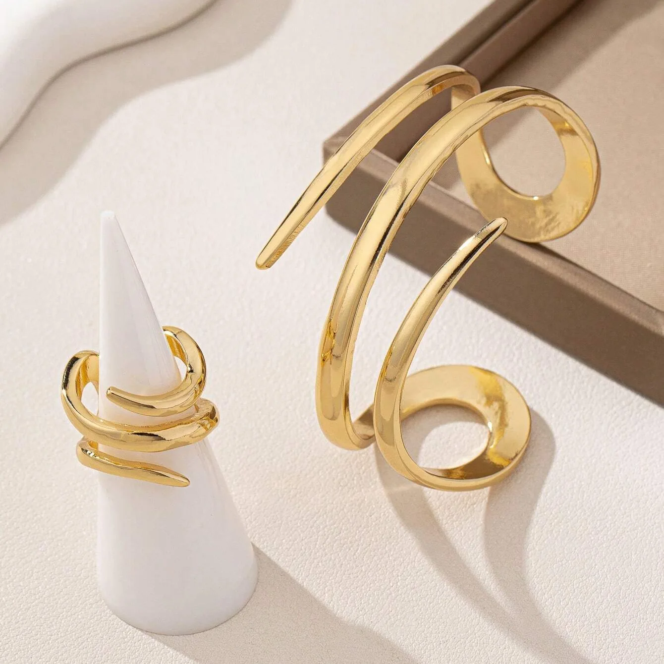 18K Gold Plated Abstract Spiral Open Ring and Cuff Bangle Set Minimalist Twisted Adjustable Jewelry Set for Women Daily Wear