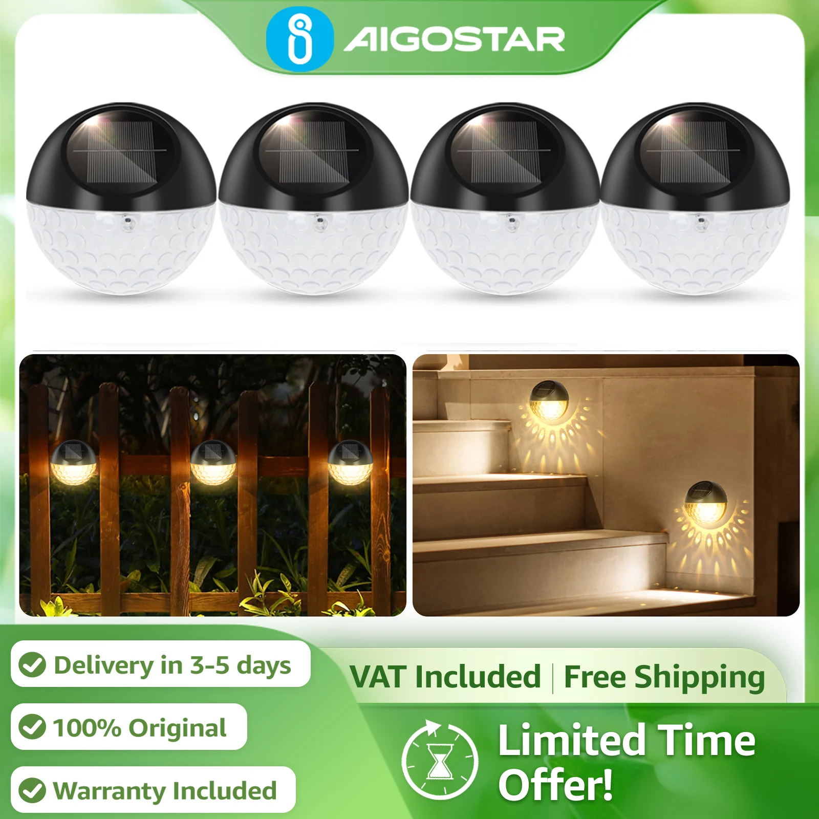 Aigostar Pack de 4 Apliques Solares de Pared | Luz Cálida 2700K, IP44 Impermeable | para Jardín, Valla, Porche, Patio