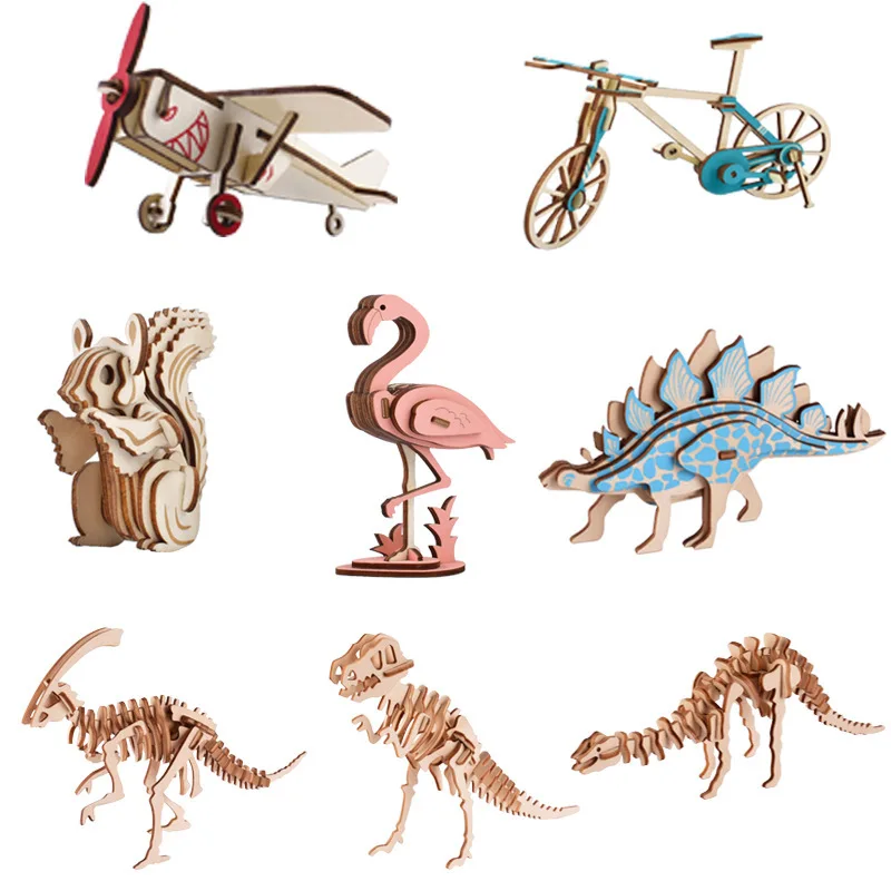 3D Solid Wooden Dinosaur Skeleton Puzzle Children Educational Montessori DIY Inserting And Assembling Model Toy Gifts For Kids